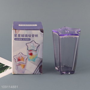 Hot selling star shape glass water cup drinking cup with straw