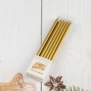 New Arrival 12 Pieces Gold Long Thin Metallic Birthday Candles for Birthday Wedding