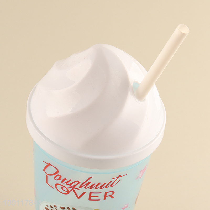 Factory price donut pattern plastic 500ml water cup straw cup