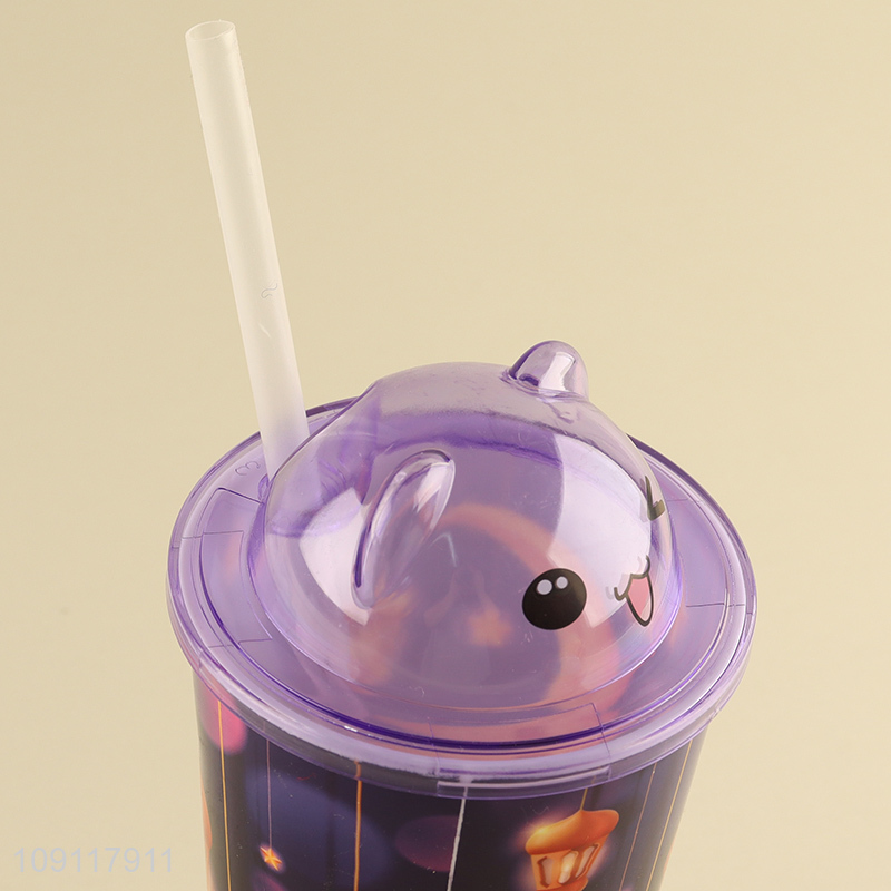 Yiwu market cartoon bear plastic 500ml water cup straw cup