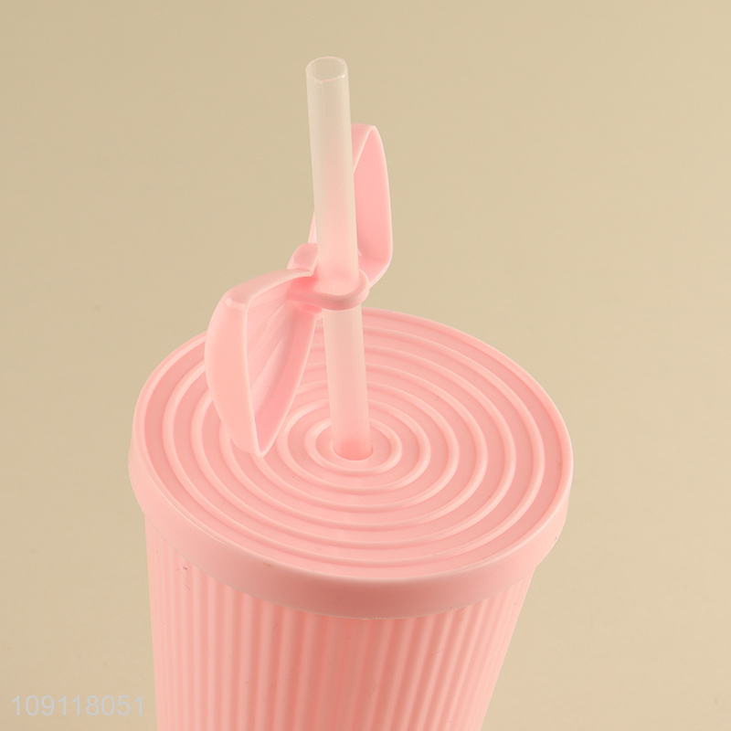 Yiwu market pink girls plastic bowknot water cup straw cup