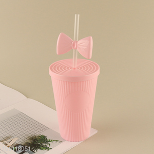 Yiwu market pink girls plastic bowknot water cup straw cup