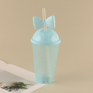 Good selling blue girls bowknot plastic water cup drinking cup straw cup