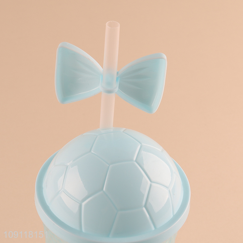 Good selling blue girls bowknot plastic water cup drinking cup straw cup