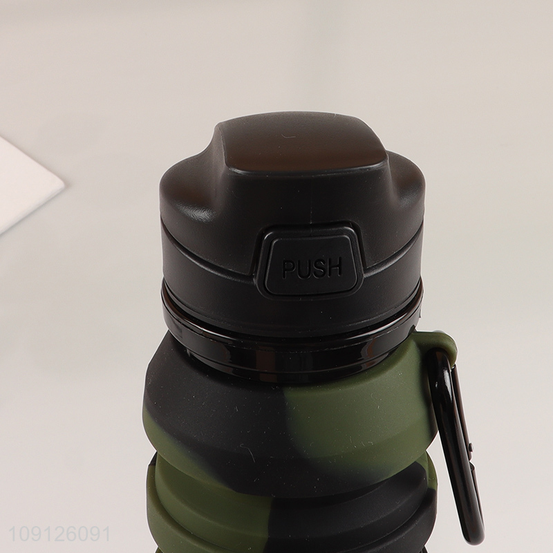 Factory Supply Collapsible Silicone Water Bottle with Carabiner for Camping