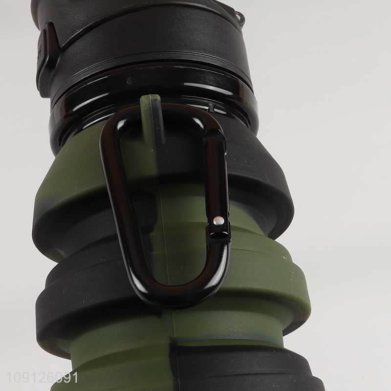Factory Supply Collapsible Silicone Water Bottle with Carabiner for Camping