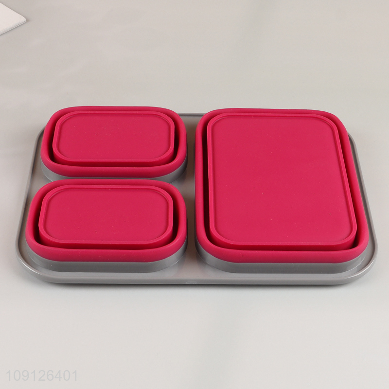 Wholesale 3-Compartment Collapsible Lunch Box Slicone Lunch Container with Spoon & Fork