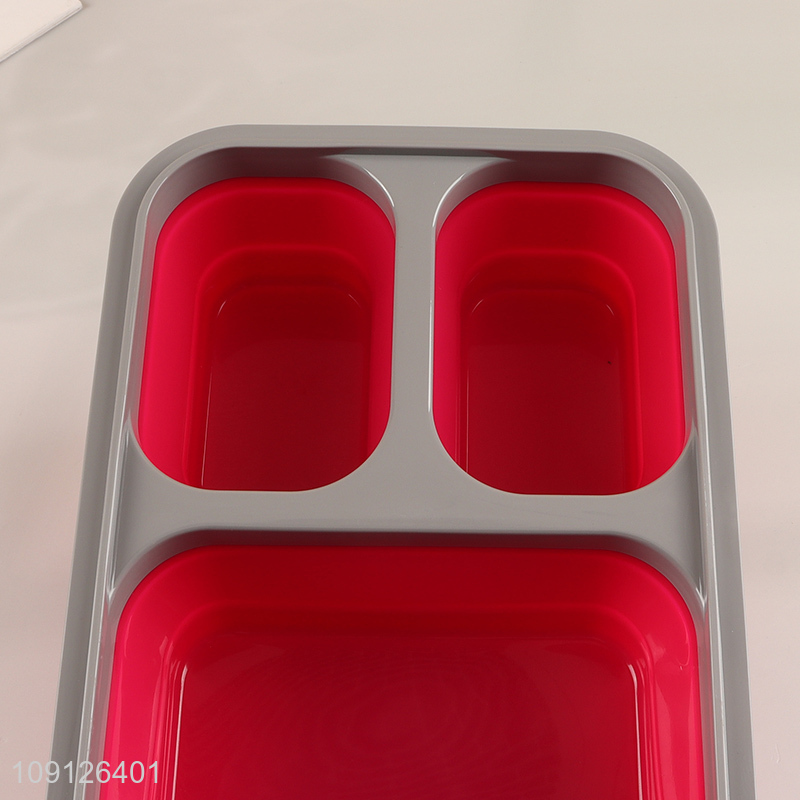 Wholesale 3-Compartment Collapsible Lunch Box Slicone Lunch Container with Spoon & Fork