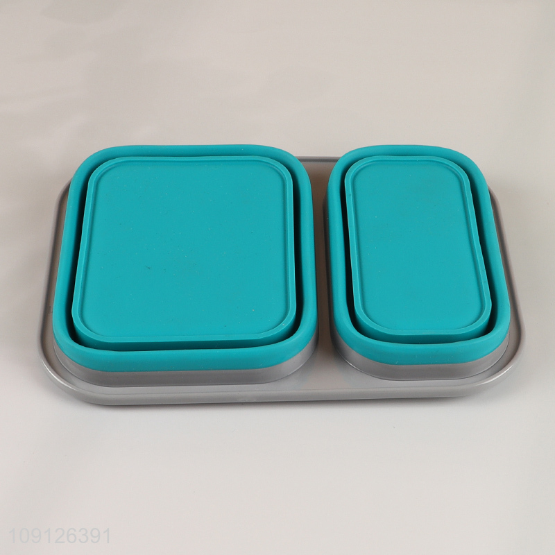 New Product 2-Compartment Collapsible Food Grade Slicone Lunch Box with Spoon & Fork