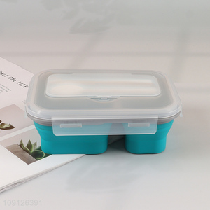 New Product 2-Compartment Collapsible Food Grade Slicone Lunch Box with Spoon & Fork