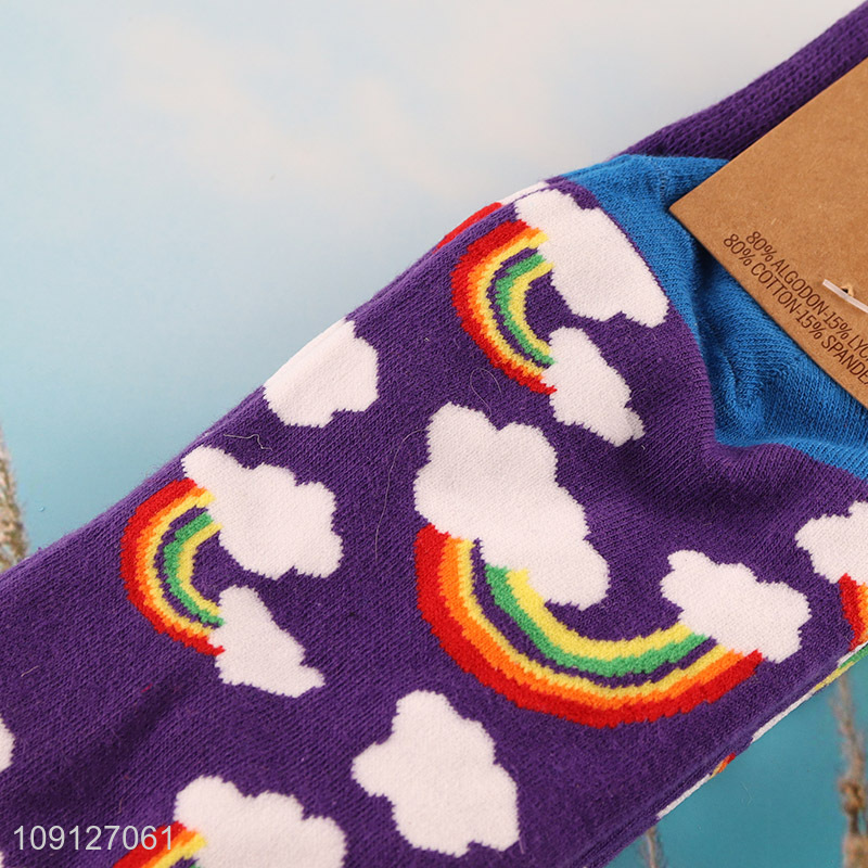 Top quality rainbow pattern breathable knitted cotton sock