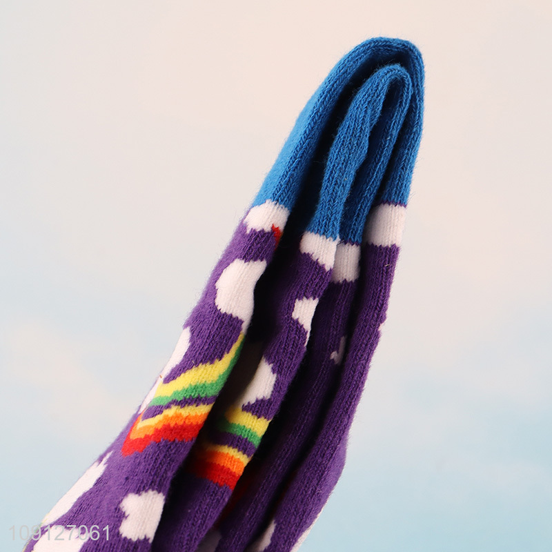 Top quality rainbow pattern breathable knitted cotton sock