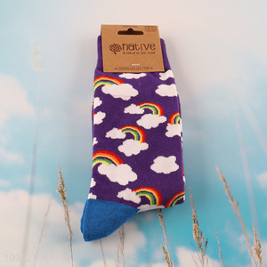 Top quality rainbow pattern breathable knitted cotton sock