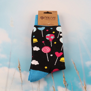 Top quality cartoon printed cotton breathable mid tube socks for men women