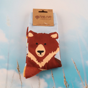 Good quality bear printed cotton breathable mid tube socks casual socks