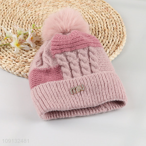 Wholesale Winter Knitted Beanie Hat with Faux Fur Pompom for Women