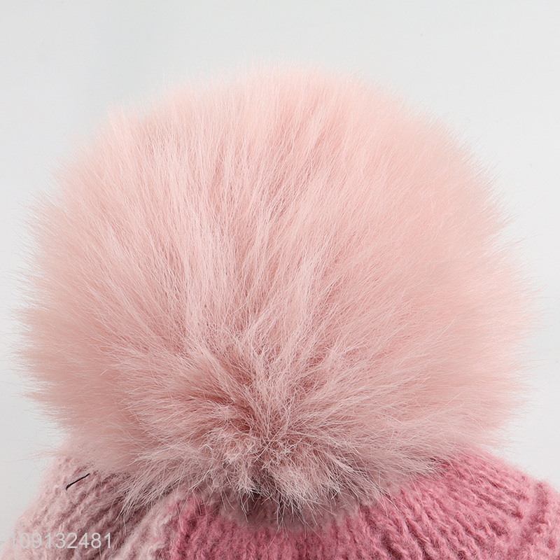 Wholesale Winter Knitted Beanie Hat with Faux Fur Pompom for Women