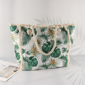 China Imports Zip Top Canvas Beach Bag with Rope Handles