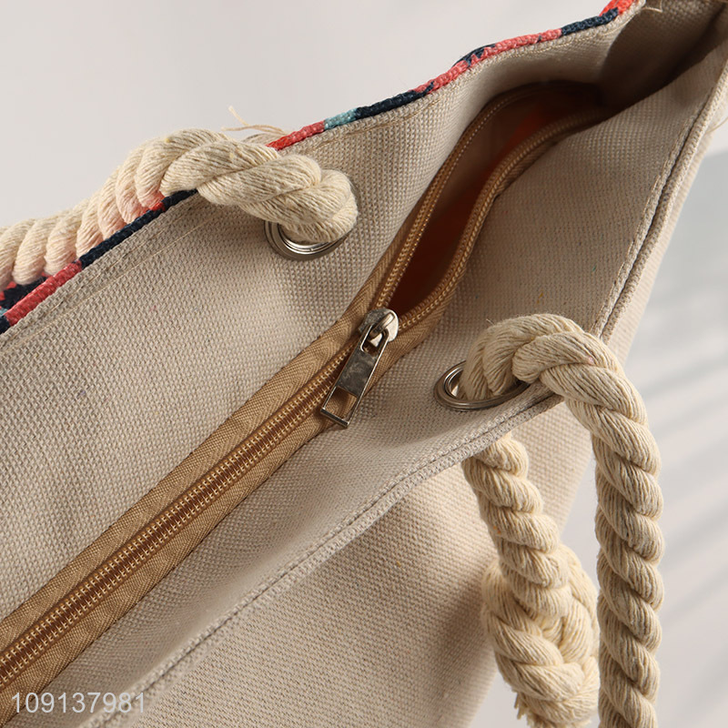 China Imports Zipper Canvas Beach Tote Bag with Rope Handles