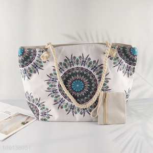 Factory Supply Zip Top Canvas Beach Bag with Rope Handles