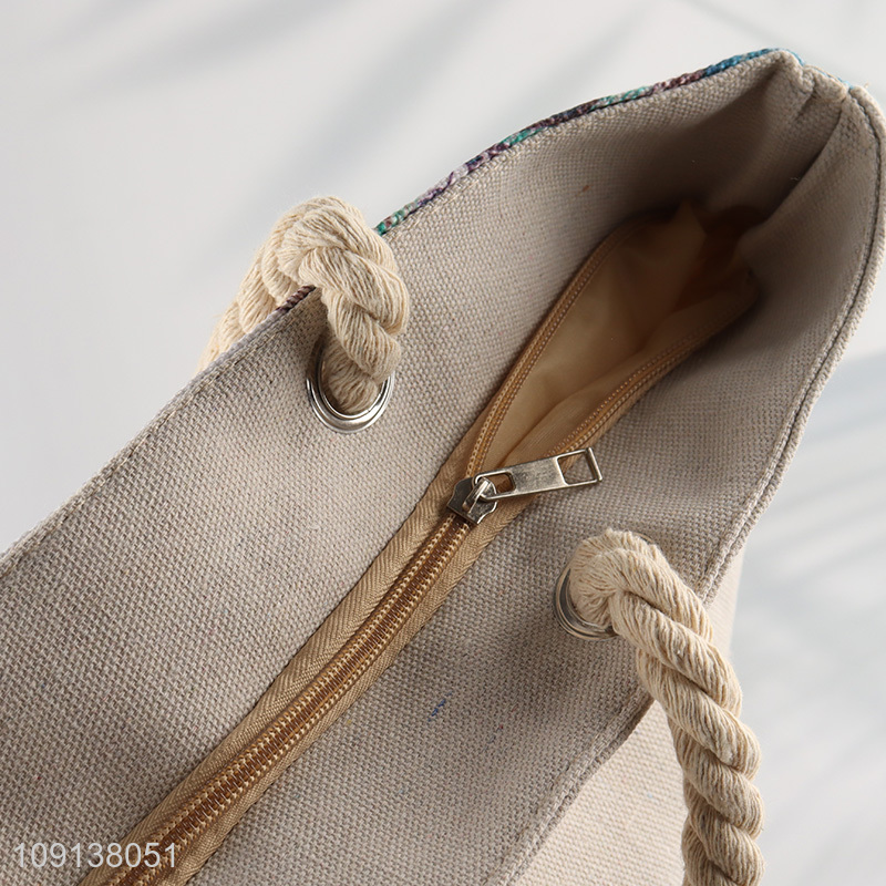 Factory Supply Zip Top Canvas Beach Bag with Rope Handles
