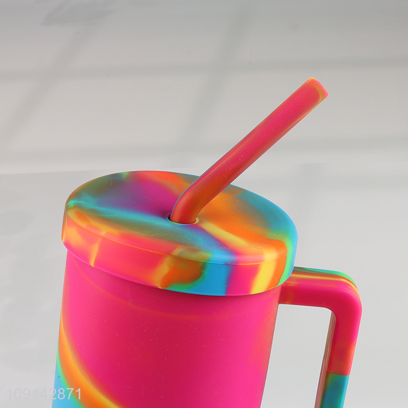 Best quality unbreakable silicone straw cup water cup with lid&handle