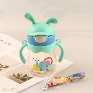 Best selling portable cartoon children straw cup water bottle with handle