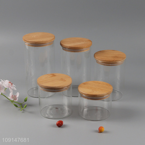 Factory supply round clear glass sealed storage jar with bamboo lid
