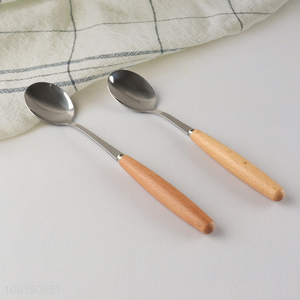 Factory Supply Wooden Handle Stainless Steel Dinner Spoons Meal Tablespoons