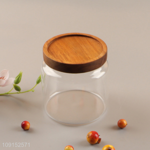 Factory price round sealed glass storage jar with wooden lid