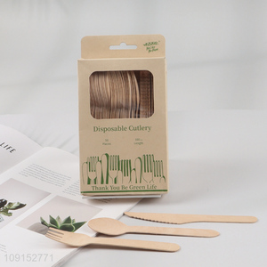 Best selling 50pcs eco-friendly wooden disposable cutlery set knife spoon fork set