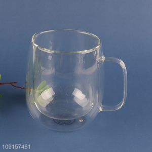 Factory supply double wall glass drinking cup water mug with handle