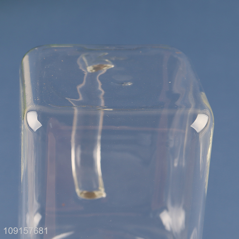 Low price square clear glass coffee cup juice cup with handle&lid