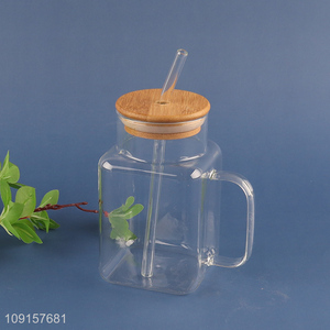 Low price square clear glass coffee cup juice cup with handle&lid