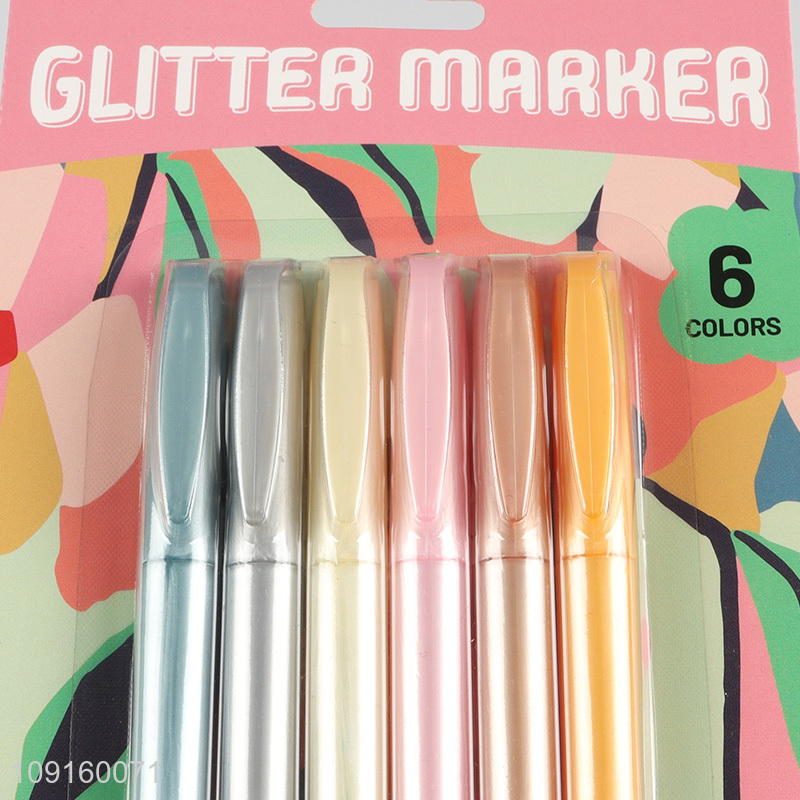 New Arrival 6 Colors Fine Tip Glitter Markers Metallic Shimmer Markers