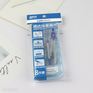 Wholesale 8 Pieces Geometry Math Set with Drawing Compass, Rulers & Protractor