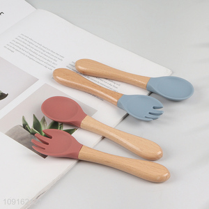 Hot Selling Wooden Handle Silicone Baby Spoon and Fork Set for Toddlers