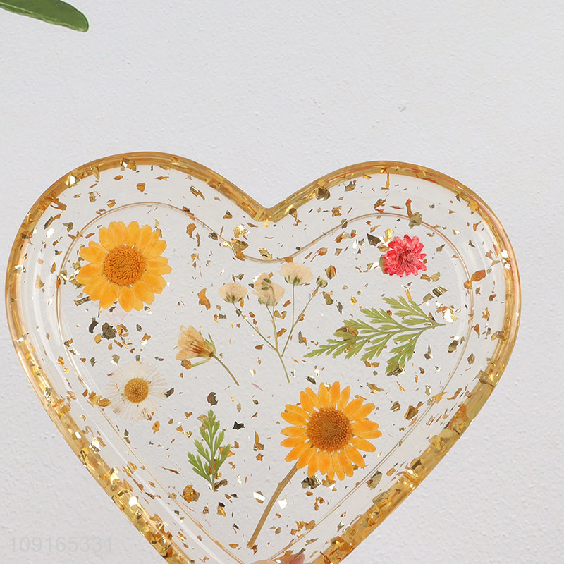 Hot Selling Dried Flower Jewelry Tray Heart Shaped Resin Trinket Tray