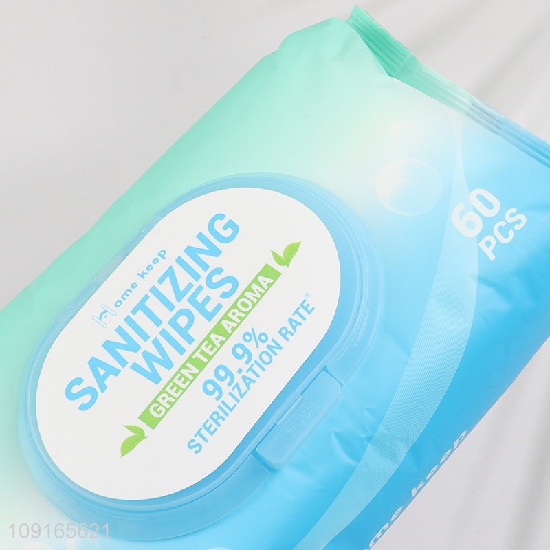 Hot Selling 60PCS Sterilizing Wipes Gree Tea Scented Alcohol Free Wet Wipes
