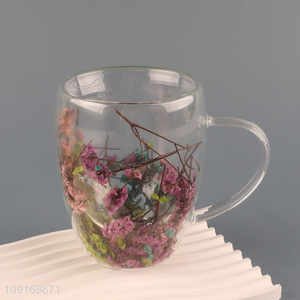China supplier double wall dried flower glass water cup with handle