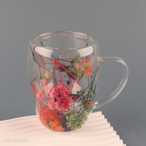 Popular products double wall dried flower glass water cup with handle
