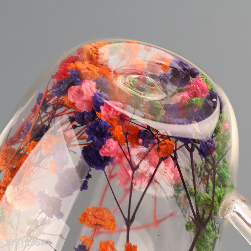 Popular products double wall dried flower glass water cup with handle