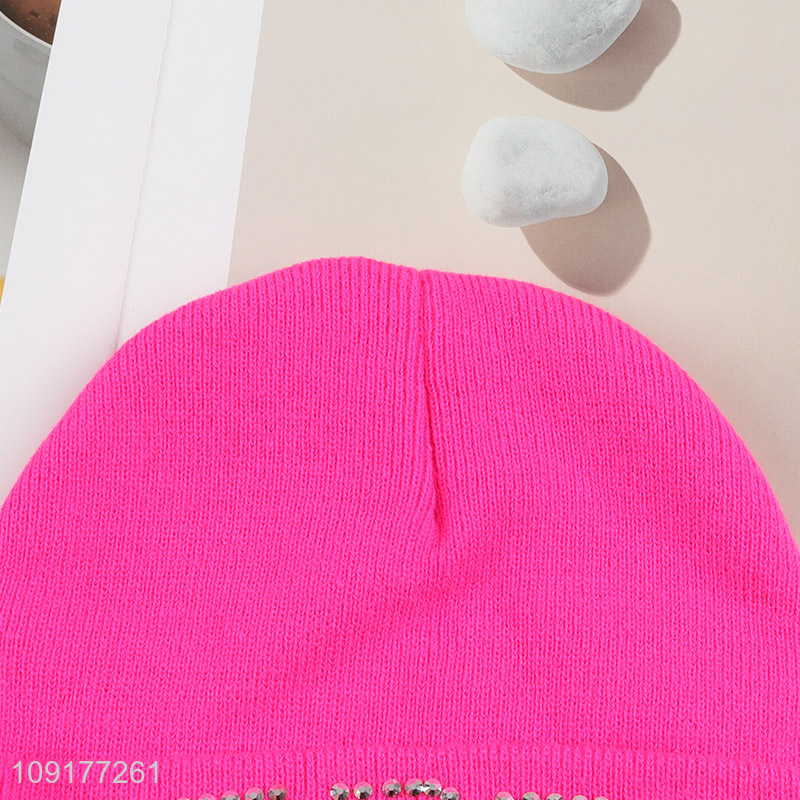 Good Quality Rhinestone Beanie Hat Winter Warm Knitted Beanie Cap