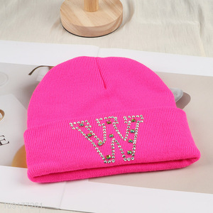 Good Quality Rhinestone Beanie Hat Winter Warm Knitted Beanie Cap