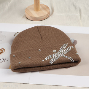 New Arrival Winter Warm Beanie Hat Rhinestone Beanie Cap for Women