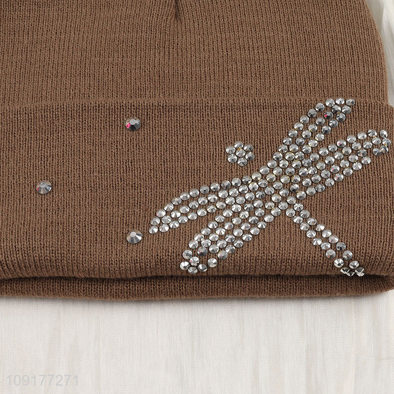 New Arrival Winter Warm Beanie Hat Rhinestone Beanie Cap for Women