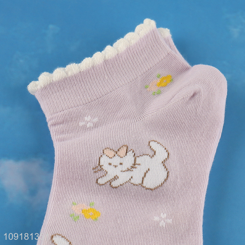 Low price cat printed cute girls ankle socks low cut socks