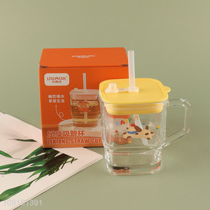 Yiwu market cartoon glass cup straw cup with lid&handle