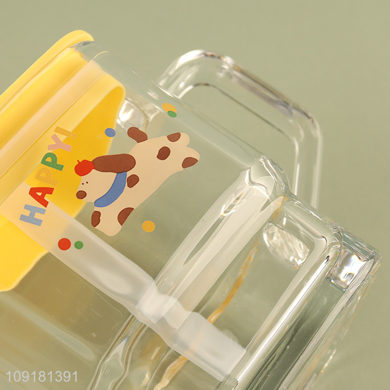 Yiwu market cartoon glass cup straw cup with lid&handle
