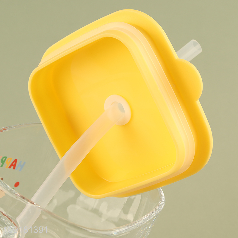 Yiwu market cartoon glass cup straw cup with lid&handle
